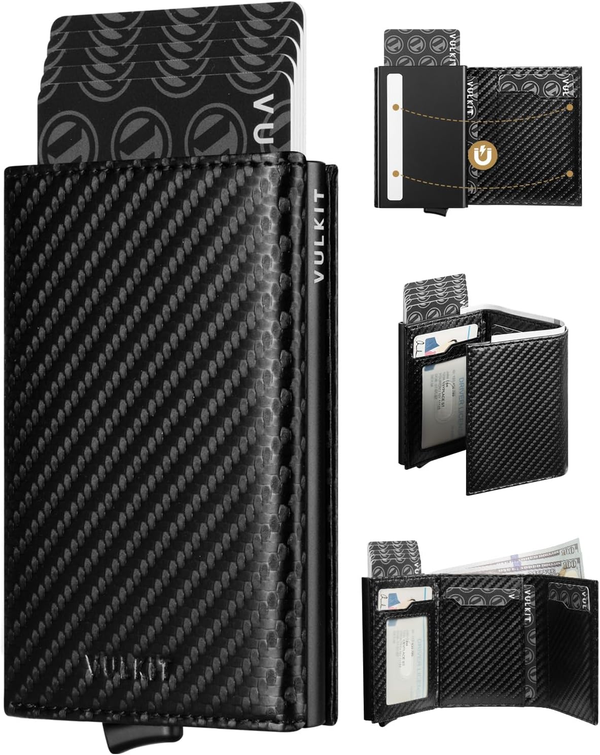 VULKIT Pop up Card Wallet Minimalist Cash Wallets RFID Blocking Leather Smart Credit Card Holder with ID window for Men(Carbon Black)