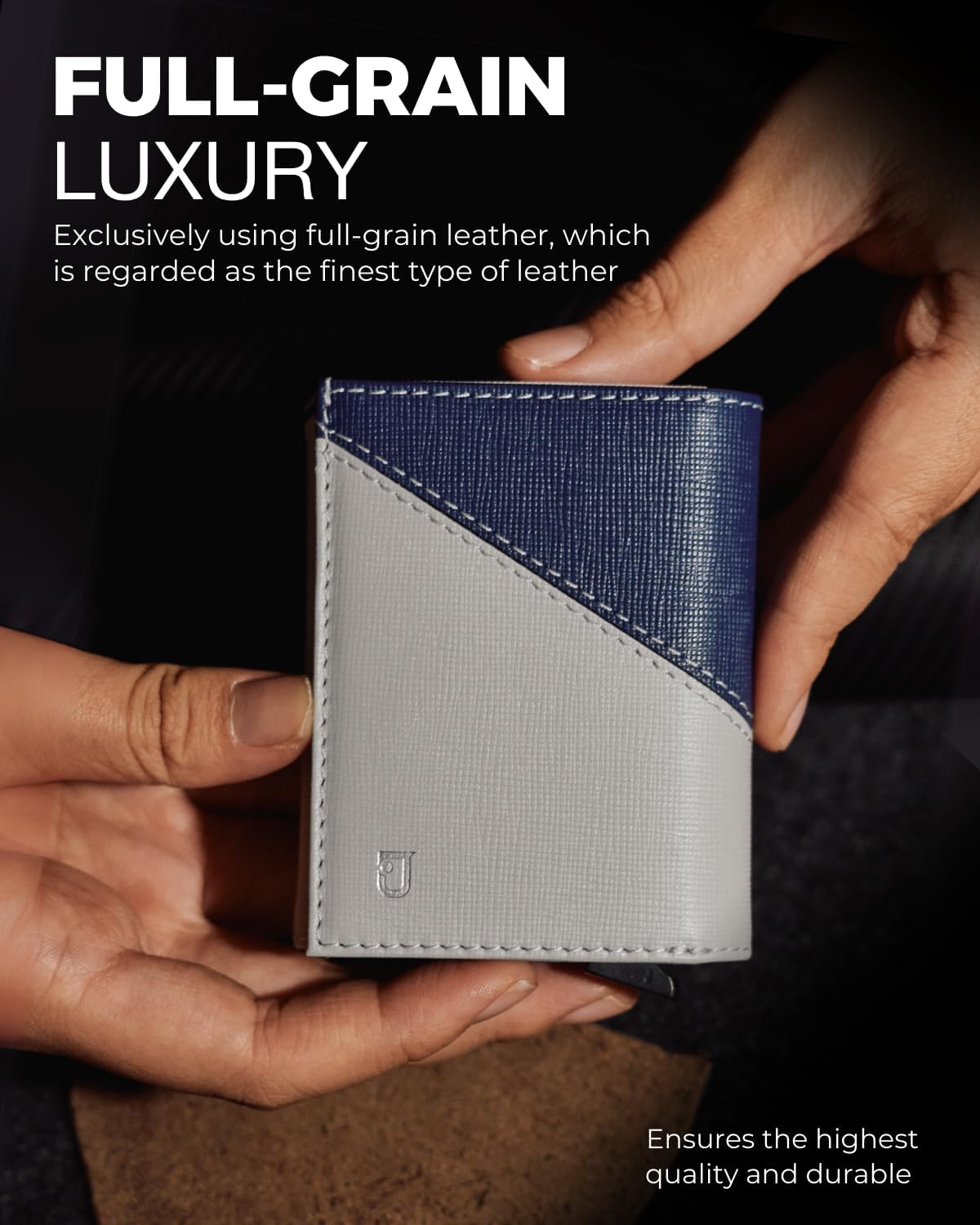 Jenoss Smart Wallet For Men: Full Grain Leather, Handcrafted, Slide Metal Pop Up Case, Slim RFID Blocking Credit Card Holder, Minimalist, Compact 12 Cards Slot Organizers, ID, Money Clip (Grey & Navy)