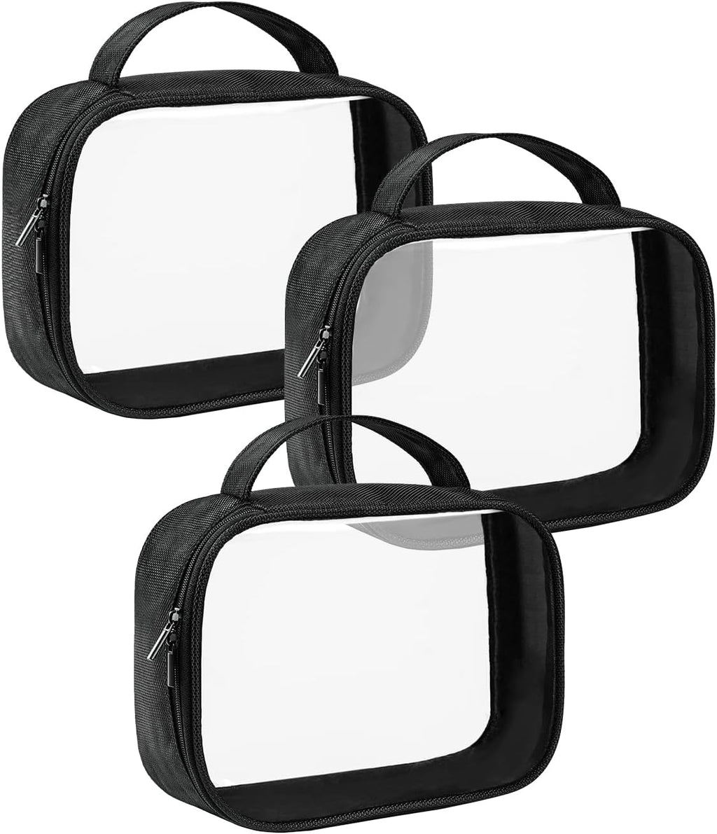 Moyad TSA Approved Clear Toiletry Bag with Handle, 3 Pack Quart Size 3-1-1 Liquids Pouch for Travel, Transparent Makeup & Cosmetic Organizer for Women Men, Black