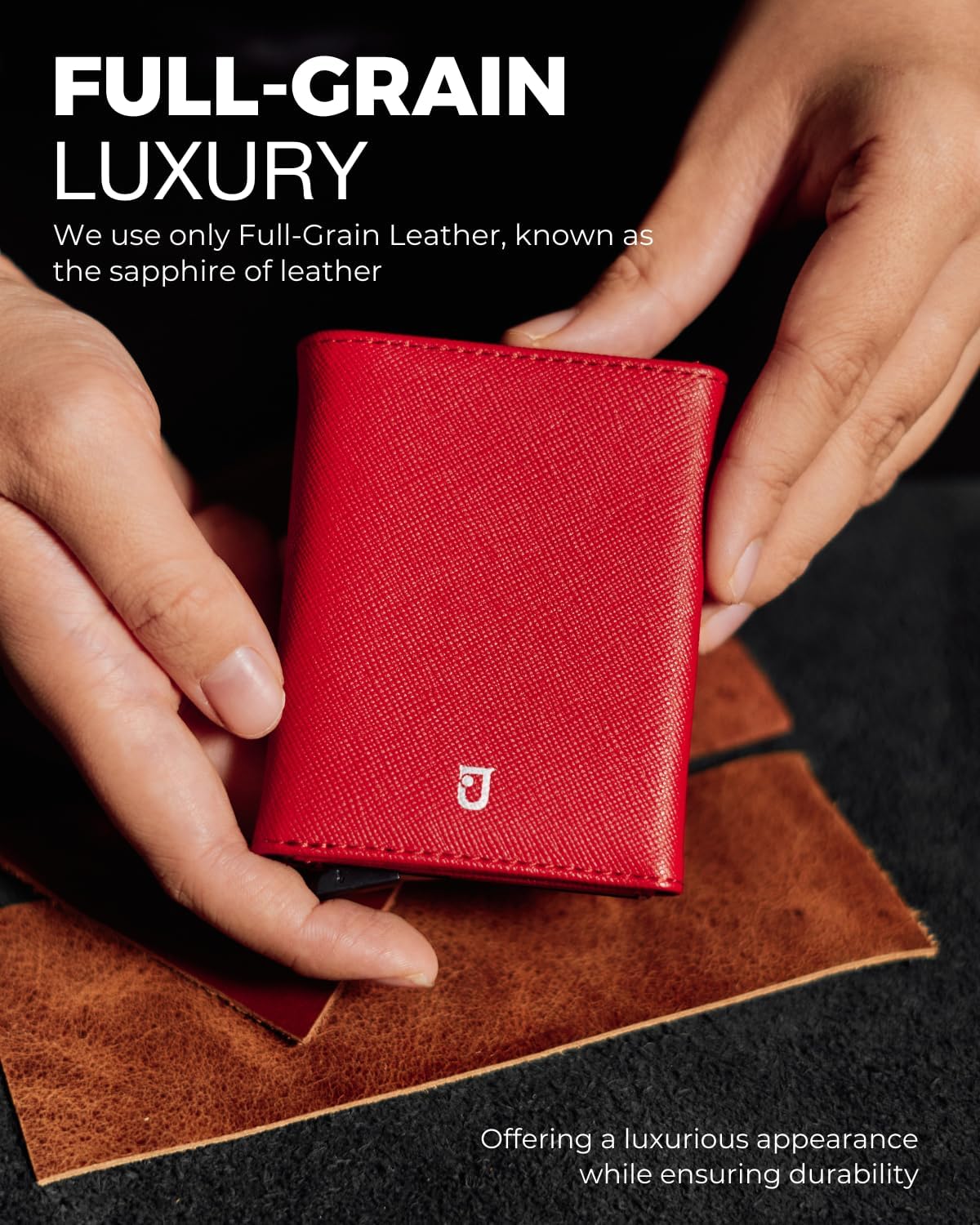 Jenoss Smart Wallet For Men & Women: Full Grain Leather, Handcrafted, Slide Metal Pop Up Case, Slim RFID Blocking Credit Card Holder Minimalist Compact 12 Cards Slot Organizers ID Clip (Red & Black)