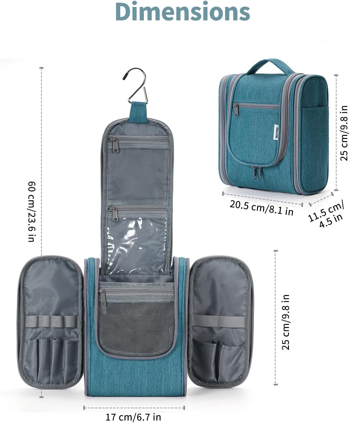 Narwey Small Hanging Travel Toiletry Bag Cosmetic Make up Organizer for Women and Men (Medium, Teal)