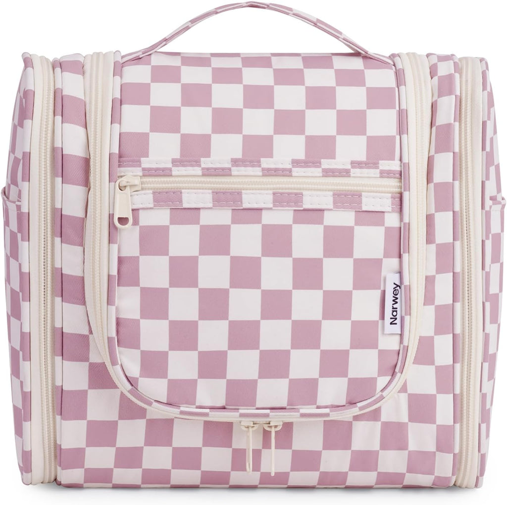 Narwey Checked Hanging Travel Toiletry Bag for Women, Travel Bag for Toiletries, Makeup Bag Organizer Cosmetic Bags Make Up Bags for Women (Dusty Rose Checkerboard)