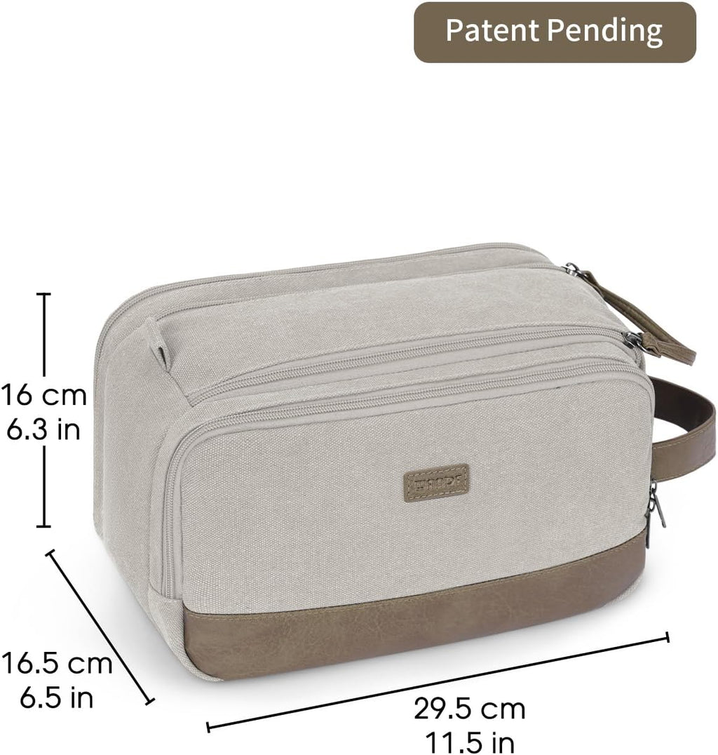 WANDF Toiletry Bag for Men Travel Toiletry Organizer Canvas and Leather Dopp Kit Water-Resistant Shaving Bag for Travel Accessories (Cream Beige, Large)