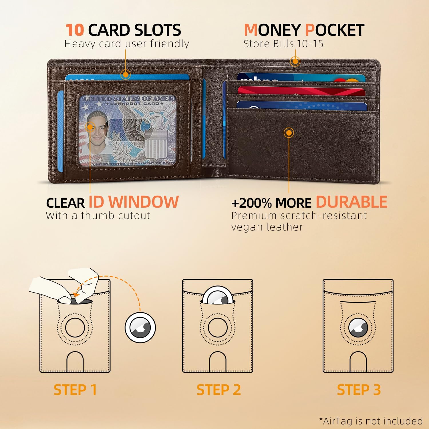 RUNBOX AirTag-Wallet-Mens-Slim-RFID Blocking Wallets Leather with Bill Compartment Air Tag Bifold Card Holder Wallet Gifts for Men Dad