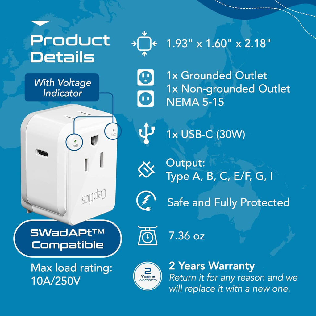 Ceptics World Travel Plug Adapter Set, Safe USB-C 3.0-2 USA Socket,30W PD & QC - Compact & Powerful - Use in Europe Includes Type A, B, C, E/F, G, I SWadAPt Attachments (PAK-30-WS)