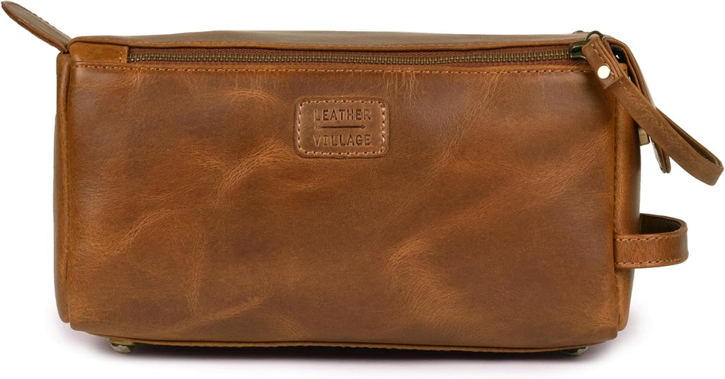 LEATHER VILLAGE Premium Leather Travel Toiletry Bag - Unisex Water-Resistant Travel Dopp Kit, Shaving & Cosmetic Organizer for Men & Women - Compact Bathroom Essentials - Tan Brown