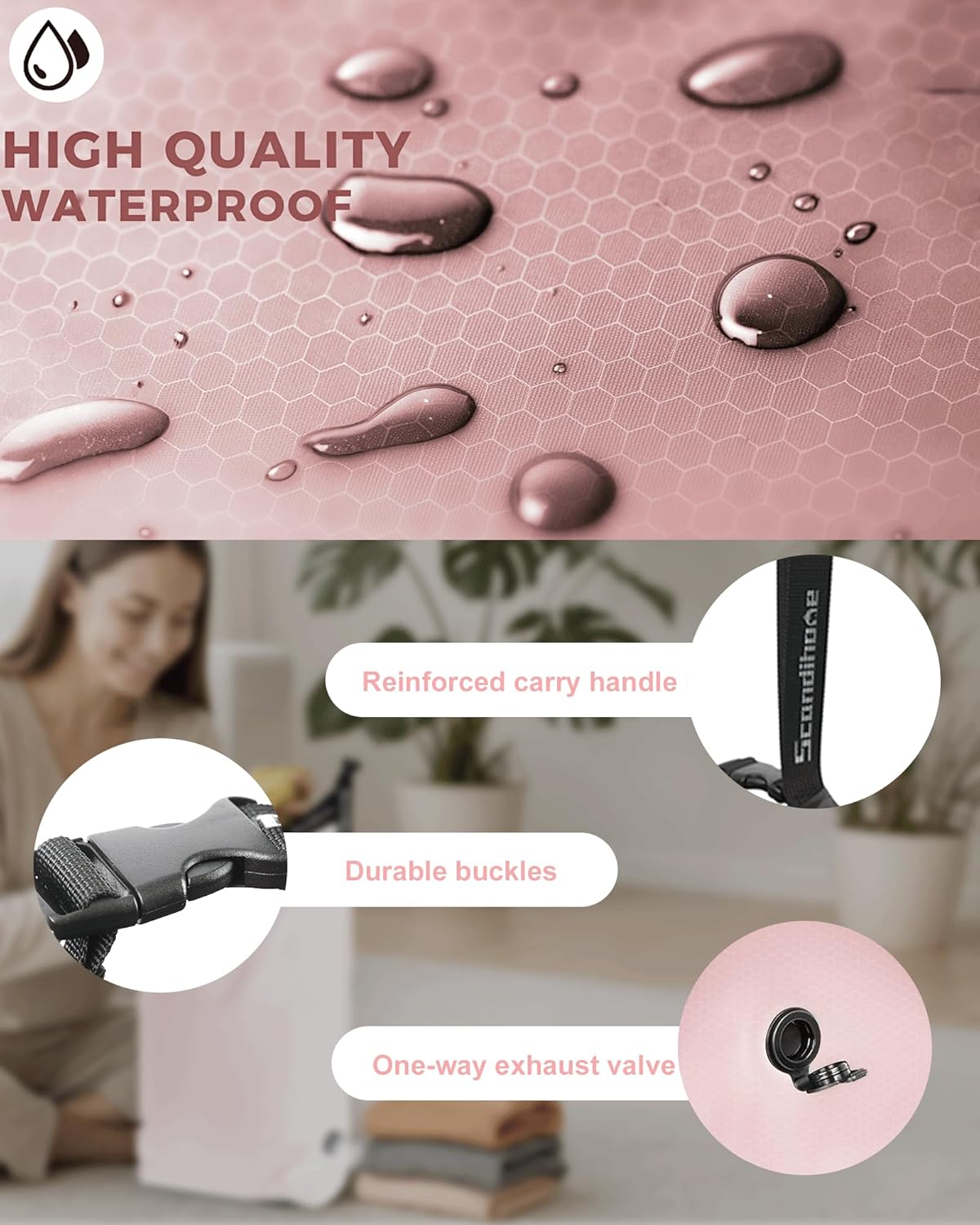 Travel Laundry Bag, Pump Free Vacuum Storage Bag Reusable Compression Dirty Clothes Travel Bag Waterproof Wet Dry Bags Large Capacity Space Saver Bags Camp Clothes Organizer (1 Pcs)(Pink, M)