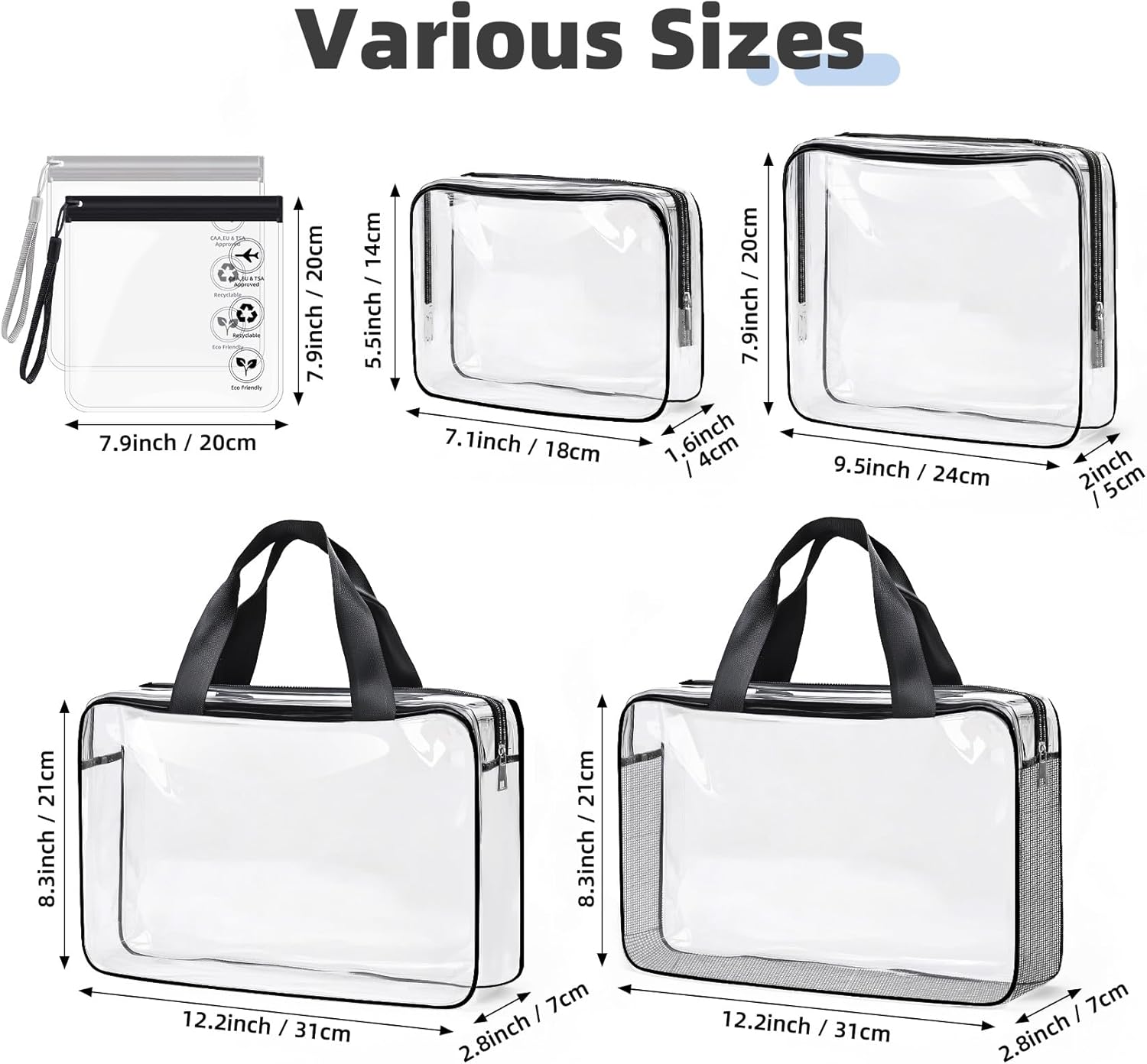 ABSOFINE Clear Toiletry Bag for Travel Size Toiletries, 4 Pack Large Waterproof PVC Makeup Bags with 2 Pack Airport Security Liquids Bags, Travel Essentials toiletry Bottles for Women Girls Men