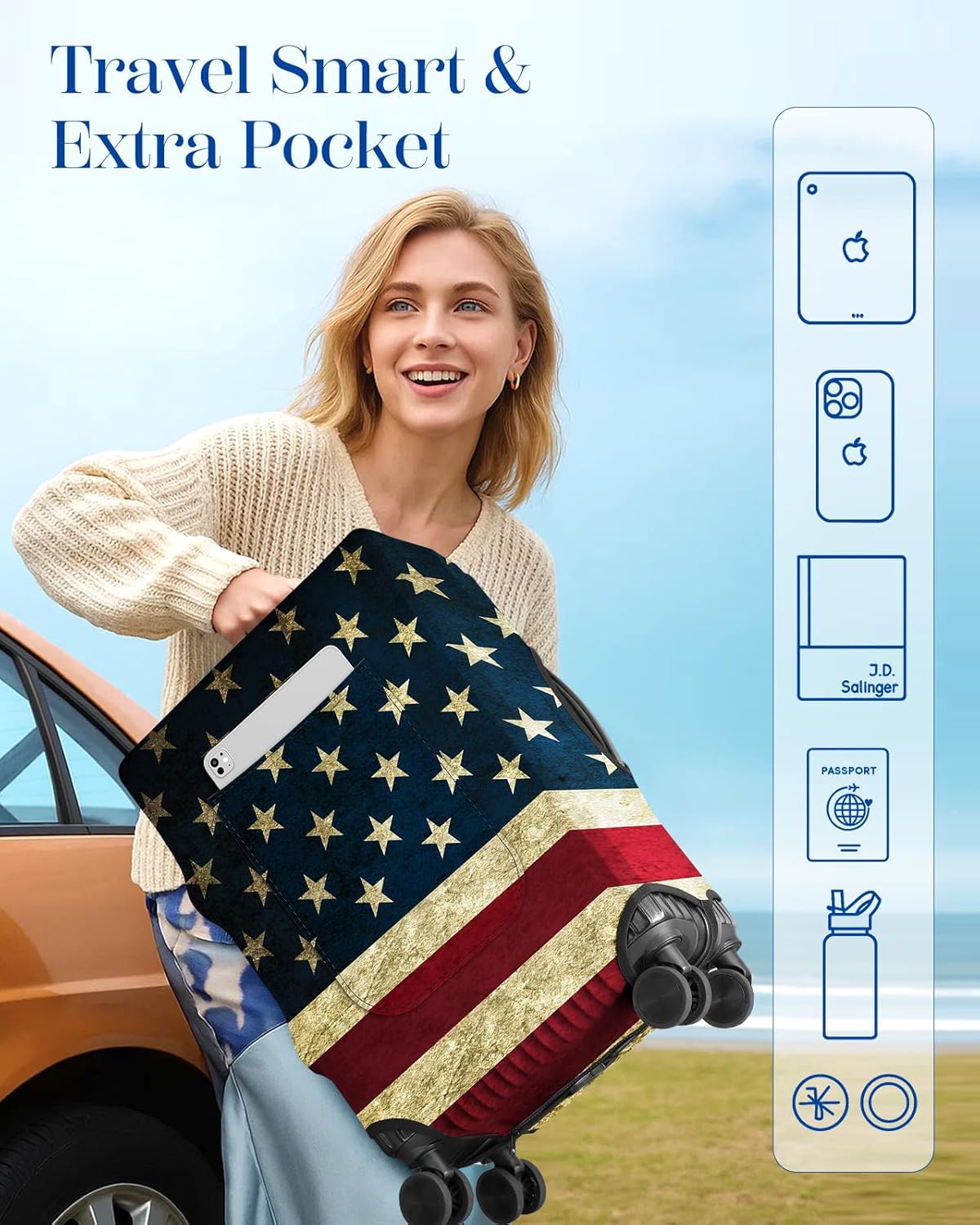 Slohif Luggage Cover for Suitcase Tsa Approved Protector - Luggage Sleeve Large Suit Case Cover Travel Stretch Baggage Case Protective Washable Fit 26-28 Inch Flag M