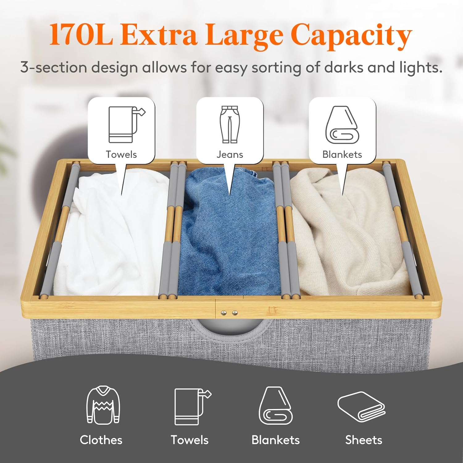 Lifewit 170L Triple Laundry Hamper with Lid, Extra Large Bamboo Laundry Basket Dirty Clothes Hamper,3 Section Laundry Bin Organizer for Laundry Room Bedroom with 3 Removable Liners & Bags, Light Gray
