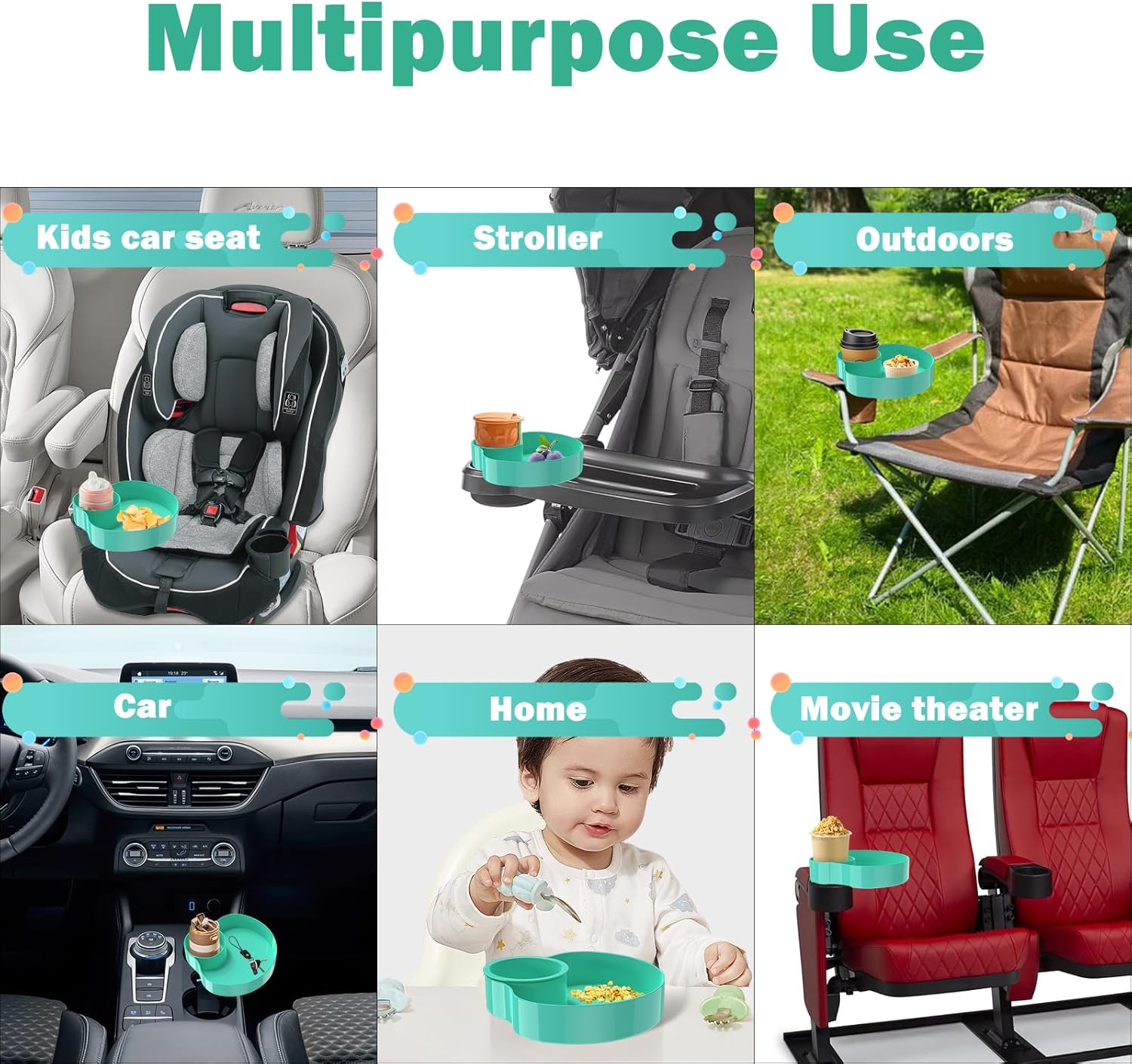 [2 Packs] Kids Car Seat Tray, Travel Tray with Cup Holder for Toddler Baby, Kids Car Seat Food Snack Organizer for Road Trip, Stroller snack Organizer Travel Must Haves Toddler Must Haves (Cyanine)