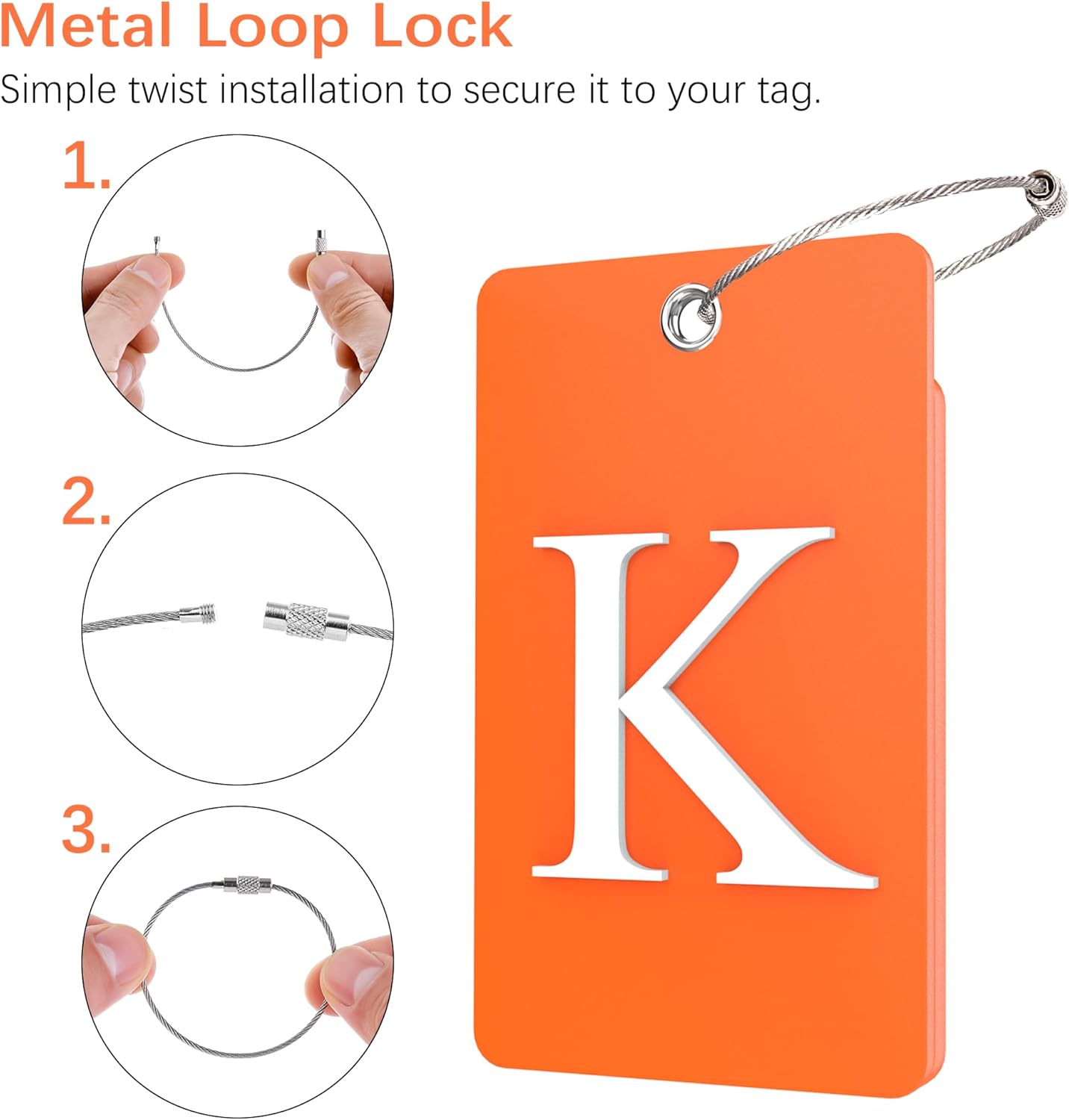 Gostwo 2 Pack Luggage Tags for Suitcases, 26 Initial Letter Travel Luggage Baggage Identification Labels ID Tag Fully Bendable Tags with Stainless Steel Loop (Orange) (Letter K)
