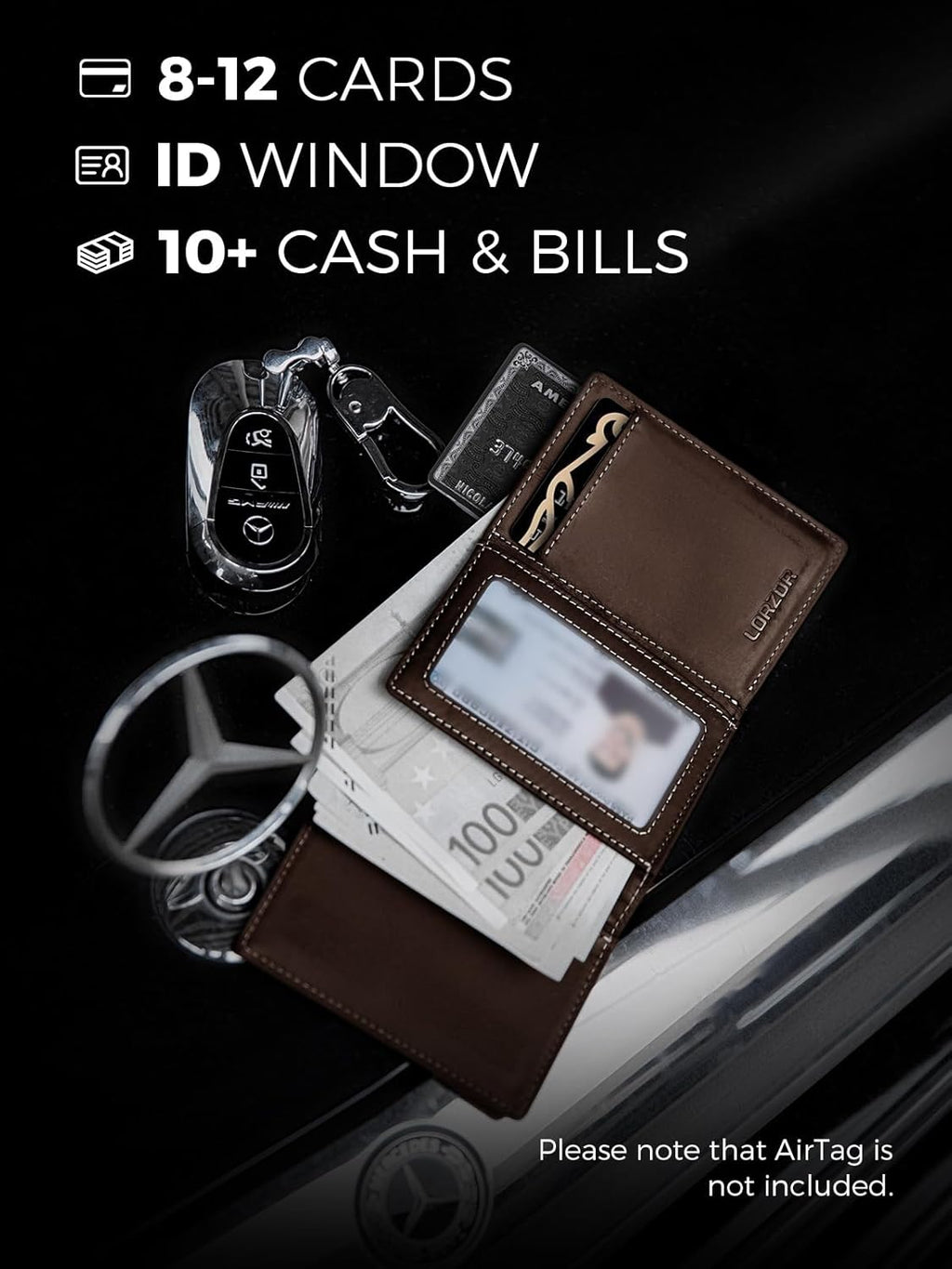 LORZOR Wallet for Men with Metal Card Holder, Pop Up Wallet, Finest Full Grain Leather Trifold Wallet, Smart, Minimalist, RFID Blocking, Front Pocket, ID Window, Brown/Grey