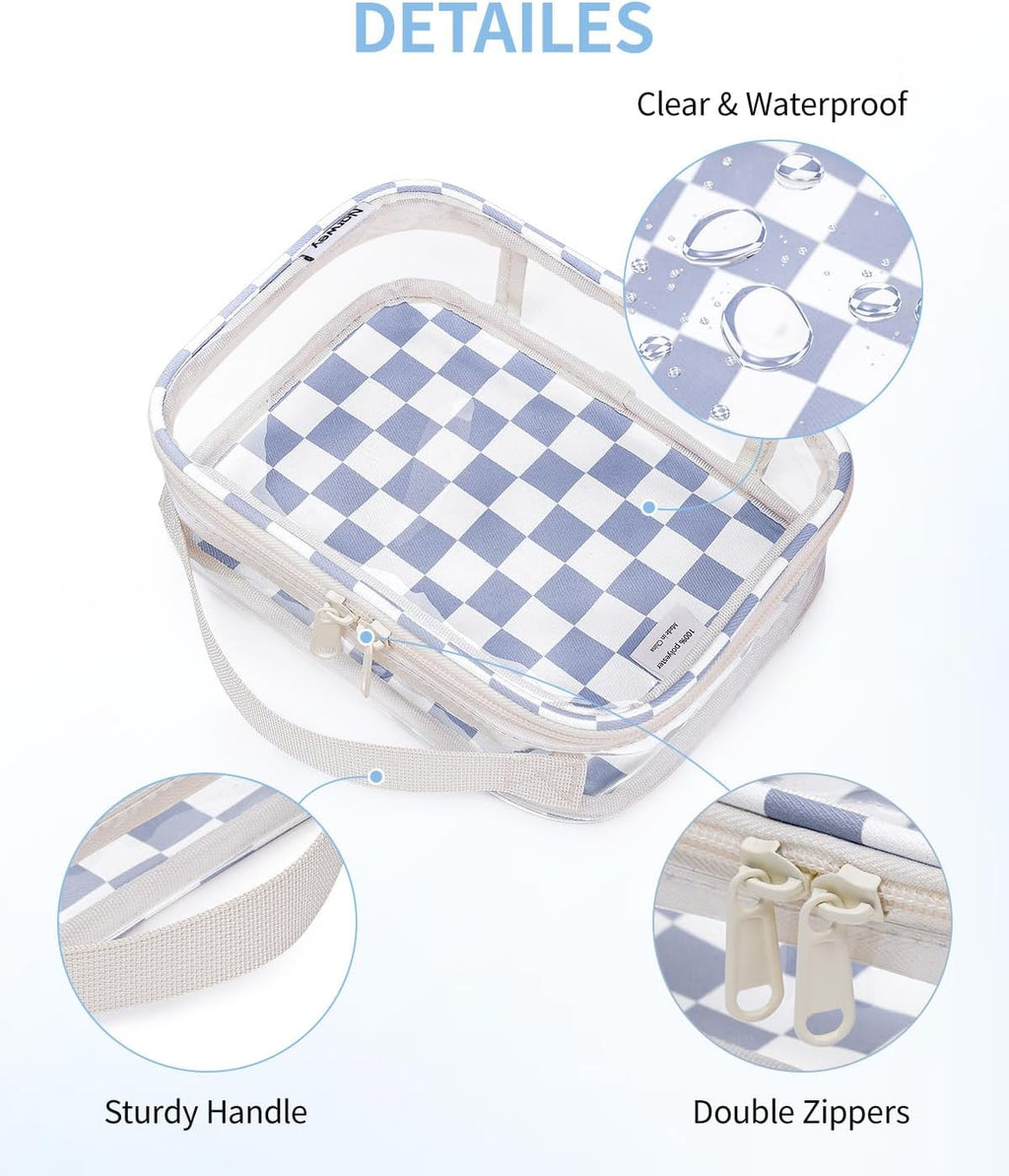 Narwey TSA Approved Clear Toiletry Bag for Travel, Waterproof PVC Clear Makeup Bags Portable Compact Cosmetic Bag Make Up Organizer Airport Airline Quart Size Compliant Bag (Grayish Blue Checkerboard)