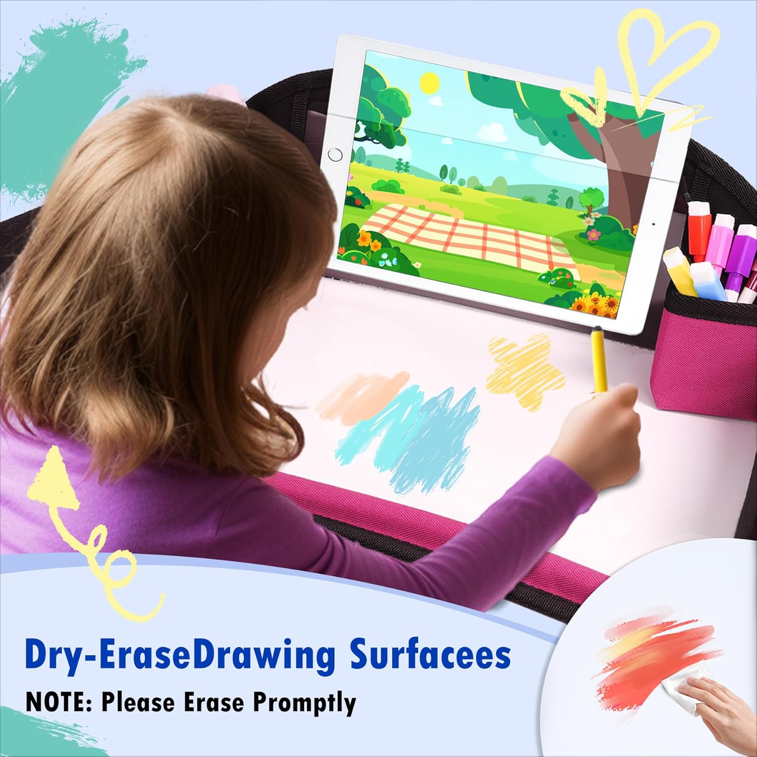 Kids Travel Tray, Travel Tray For Kids Car Seat, Toddler Road Trip Essentials With Drawing Kit, Carseat Tray For Kids Travel, Travel Activities Road Trip Must Haves For Kids (Pink)