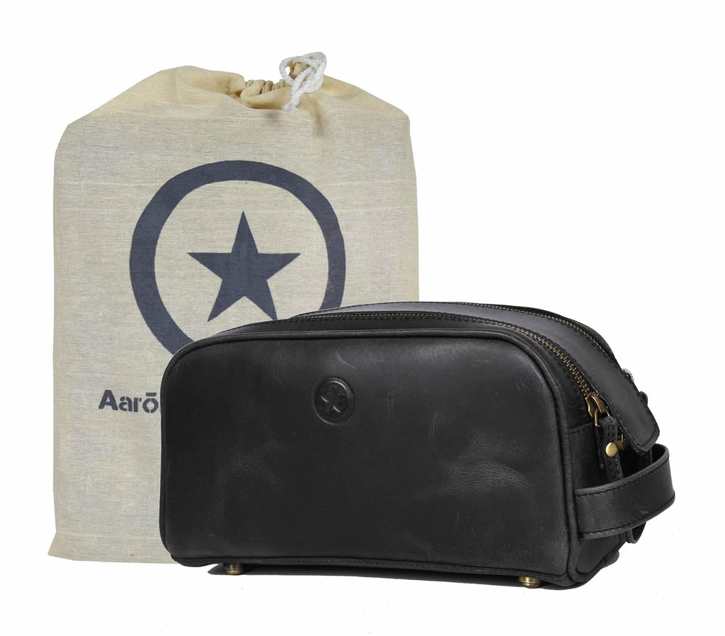 10" Premium Leather Toiletry Travel Pouch With Waterproof Lining Black Color | King-Size Handcrafted Vintage Dopp - Kit ~ Gift for Father's Day By Aaron Leather Goods