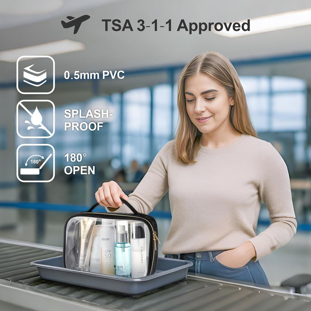 PACKISM TSA Approved Toiletry Bag - Glitter Textured Clear Toiletry Bag, Personalized and Fashion, with 180° Large Opening and Supporting Frame, Perfect for Travel Essentials, Thick No Smell, White