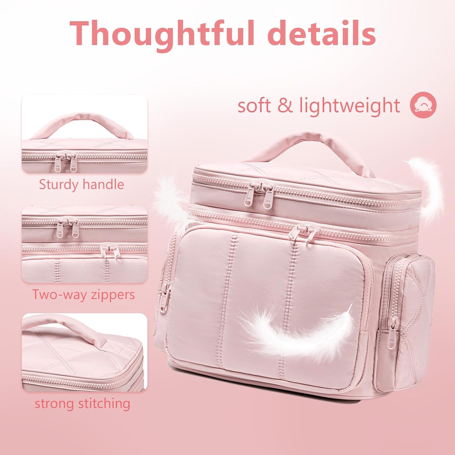 LEDAOU Toiletry Bag for Women,Quilted Travel Makeup Bag Organizer with Double Deck, Large Wide-open Cosmetic Make up Bag for Travel Essentials (Pink Puffy)