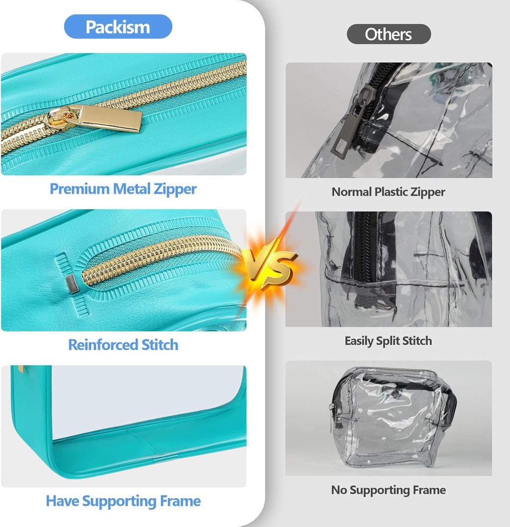 PACKISM Clear Makeup Bag, 2 Pack Upgrade Color-Edged TSA Approved Toiletry Bag, Clear Toiletry Bag For Traveling Fits Various Storage Needs, Turquoise (2 Sizes)