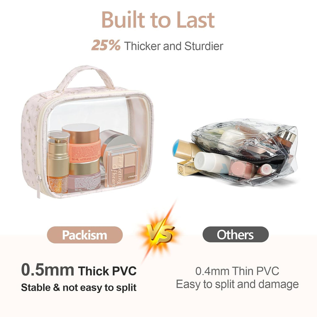 PACKISM Clear Makeup Bag - 2 Pack TSA Approved Toiletry Bag with Handle and 180° Large Opening, Sturdy Clear Toiletry Bag Fit Carry-on Travel Essential, Travel Bags for Toiletries, Pink Ditsy Floral
