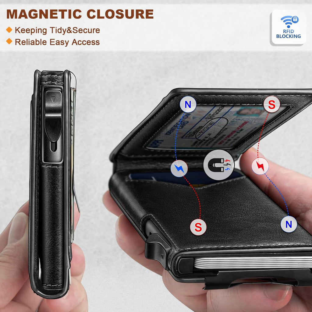 BULLIANT Men Wallet,Money Clip Wallet Slim For Gift Men 9Cards-Metal Credit Card Case in Magnetic Leather Flip