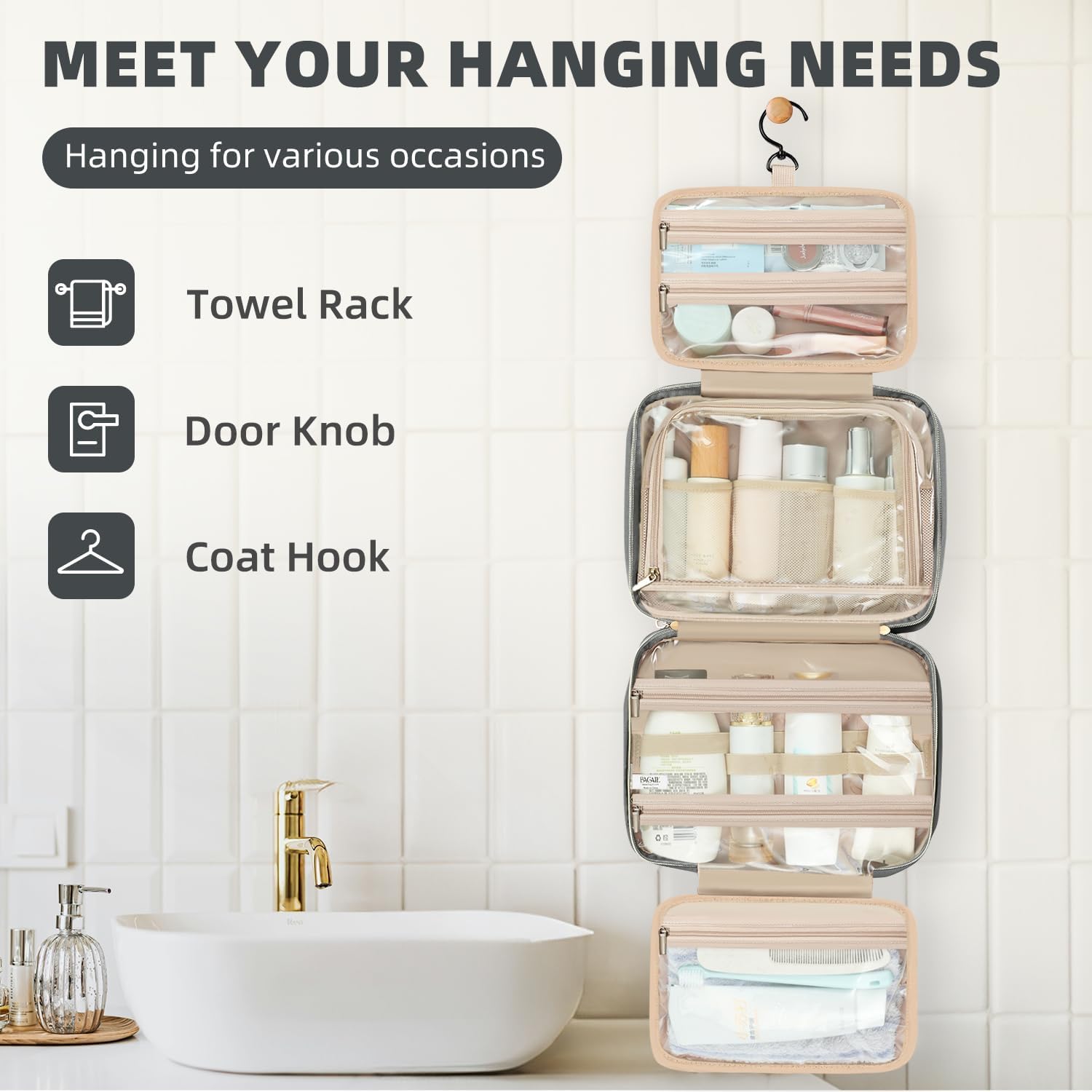 BAGAIL Hanging Toiletry Bag for Women Water-resistant Cosmetic Bag Large Capacity Travel Makeup Organizer for Full-Sized Travel Essentials(Standard, Grey)