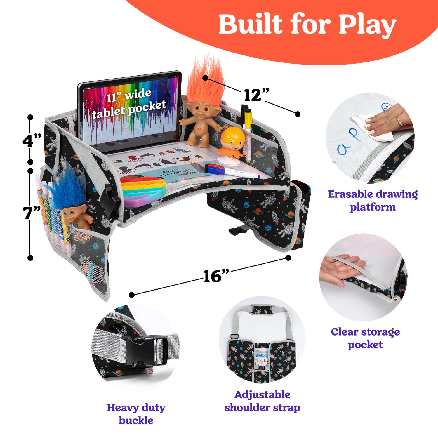 PILLANI Kids Travel Tray for Car - Car Seat Tray for Kids, Roadtrip Essentials, Carseat Table Tray for Kids Road Trip Activities - Toddler Lap Desk Organizer for Airplane