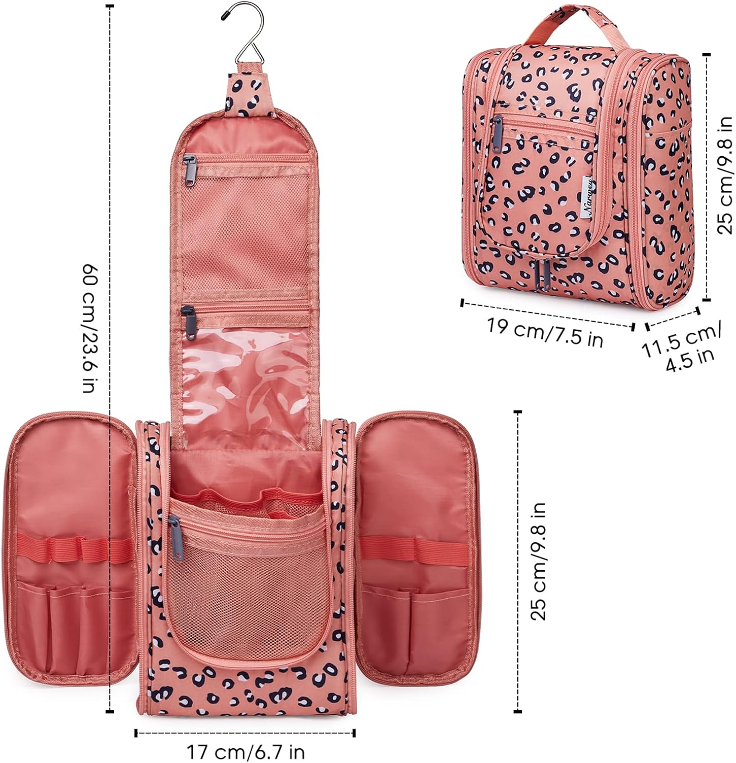 Narwey Small Hanging Cheetah Toiletry Bag Women Travel Makeup Bag Organizer Toiletries Bag for Travel Size Essentials Accessories Cosmetics (Medium, Orange Leopard)