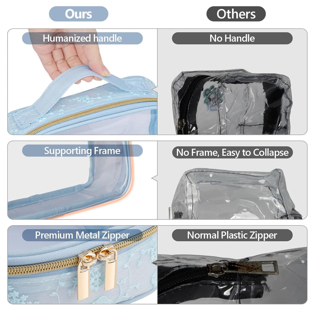 PACKISM Floral Texture Lace TSA Approved Toiletry Bag - 180° Large Opening Clear Makeup Bags in 2 Size, TSA Clear Toiletry Bag with Handle, 0.5 mm Thick Non-deformable No Smell, Blue