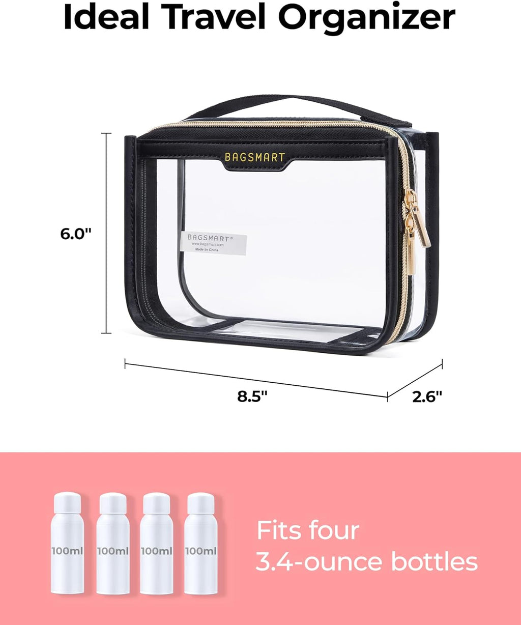 BAGSMART TSA Approved Toiletry Bag, Clear Travel Toiletry Bag, Makeup Cosmetic Pouch Bag for Women Quart Size Compliant Bag Organizer for Travel Essentials (Black Pack of 1,)