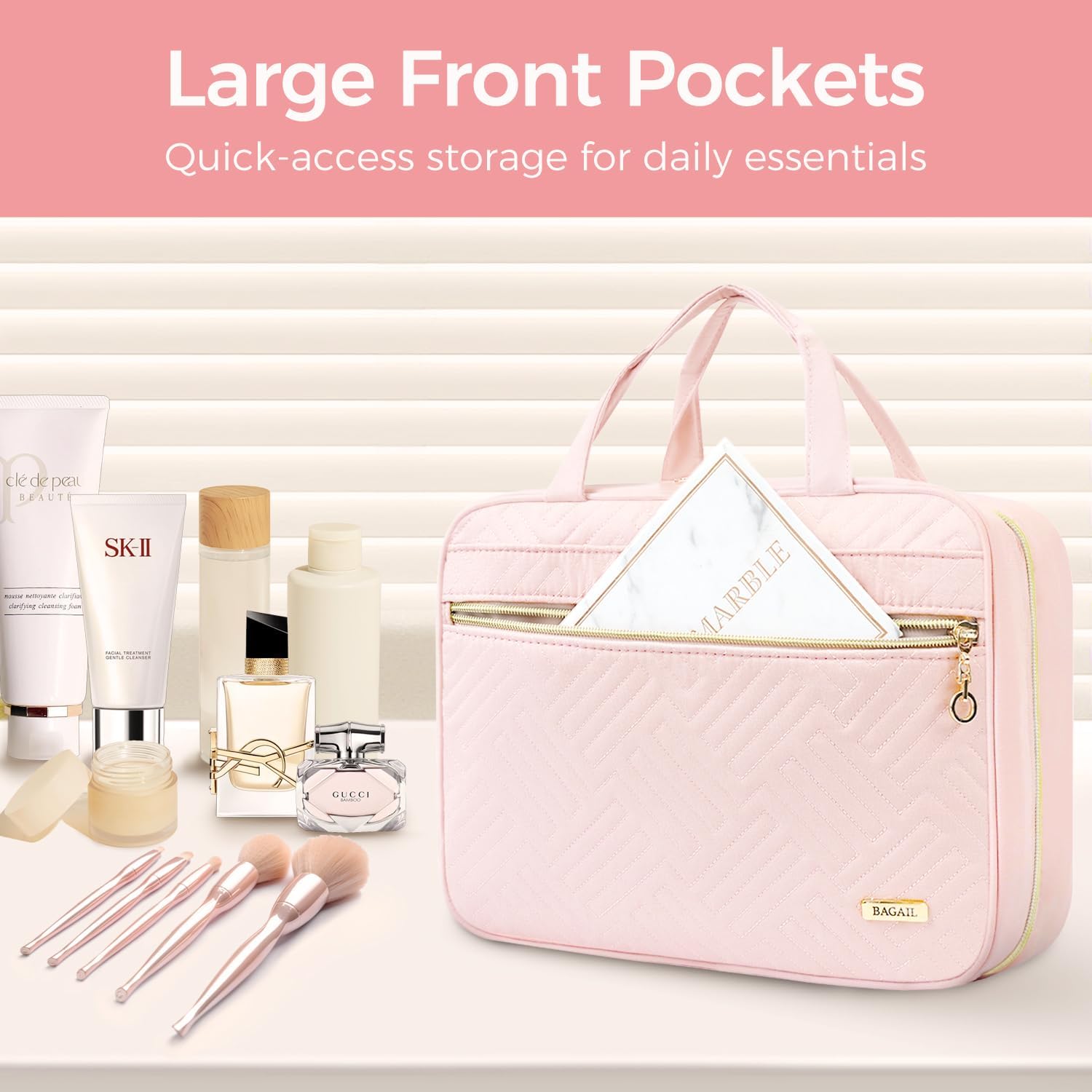 BAGAIL Hanging Toiletry Bag for Women Water-resistant Cosmetic Bag Large Capacity Travel Makeup Organizer for Full-Sized Travel Essentials(Classic+Jewelry Bag, Pink)