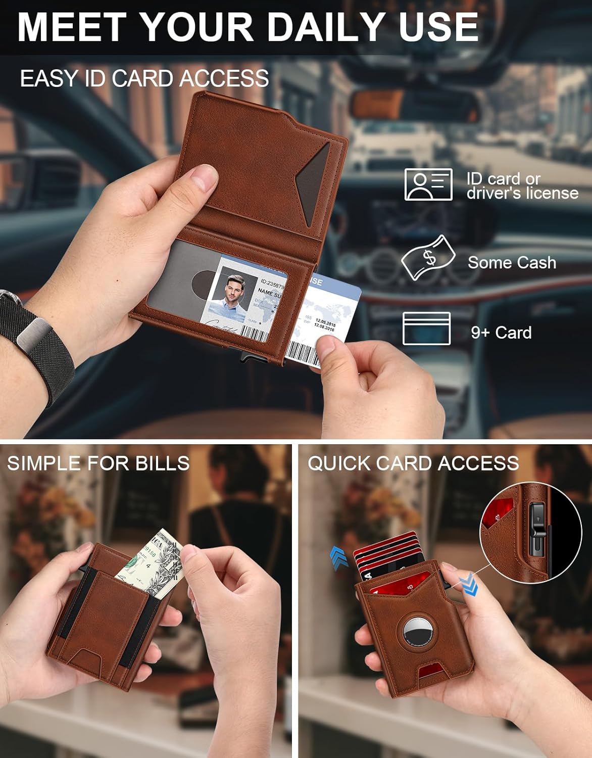 Airtag Wallet for Men, Minimalist Slim Mens Wallet Smart Pop Up Credit Card Holder for 9-13 Cards, RFID Blocking Wallet with ID Window & Cash Slot, Compact Bifold Metal Aluminum Card Case