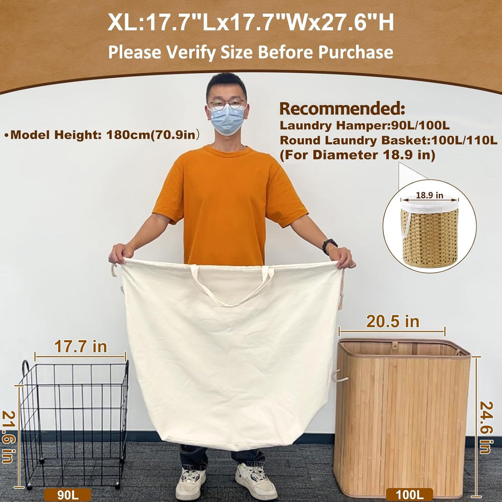 Canvas Laundry Bags 18x18in with Handles & Square Base, Extra Large Heavy Duty Laundry Basket Hamper Liner, Washable Drawstring Dirty Clothes Bag Canvas Storage Sack (Natural XL,1 Pack)