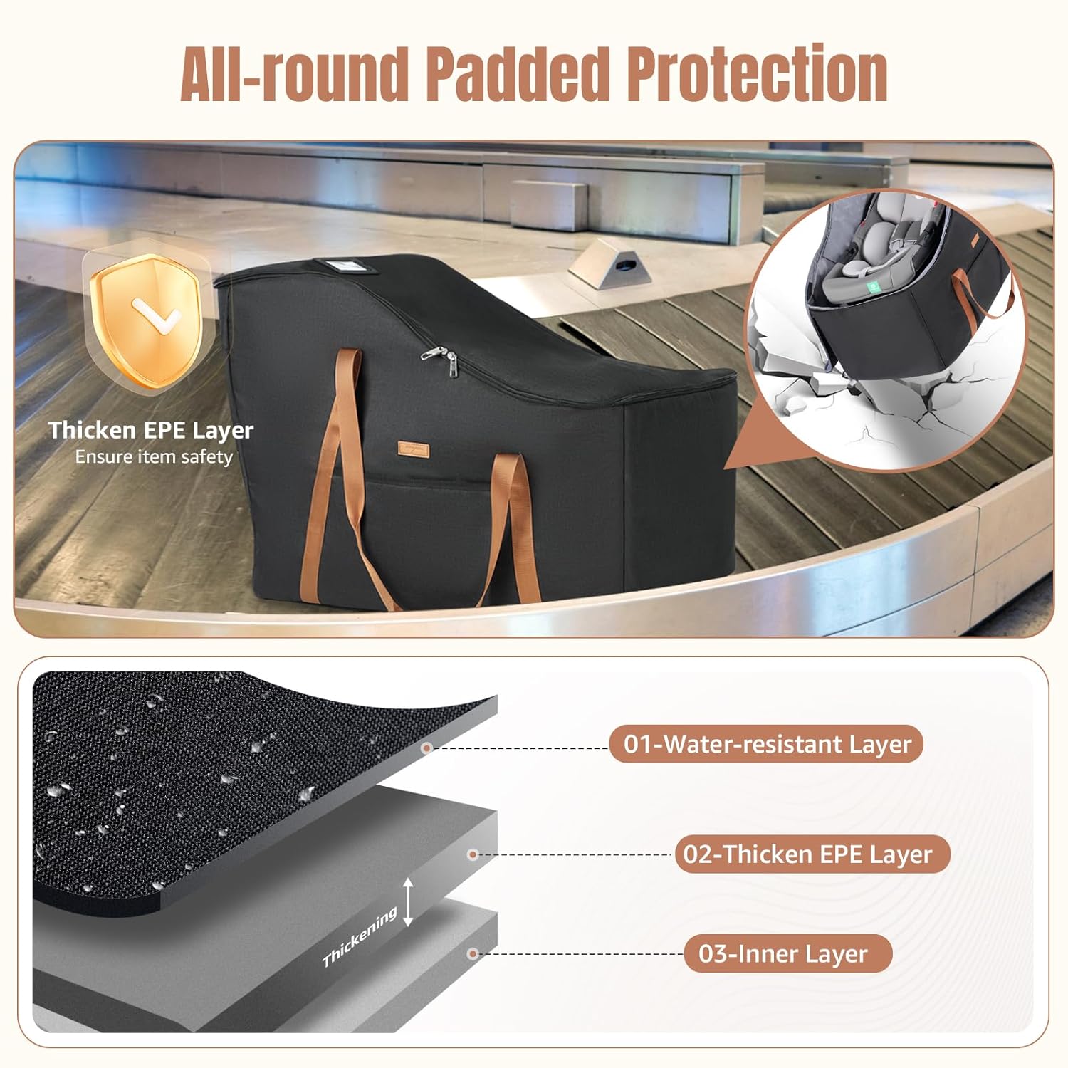 Infant Car Seat Travel Bag with Wheels Fits Chicco KeyFit 35, Doona Car Seat Stroller Base, Nuna Pipa, Padded Car Seat Bags for Airplane, Gate Check Bag, Removable Cover for Air Travel,Black-L