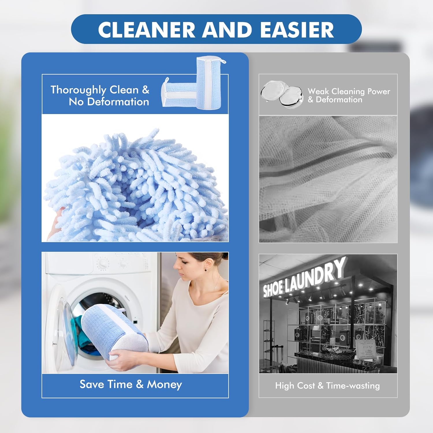 Shoe Washing Machine Bags, Reusable Laundry Bag for Washer and Dryer, Durable Fluffy Fiber Keep Clean, 2 Pairs Adjustable Trees for All Shoes, Blue