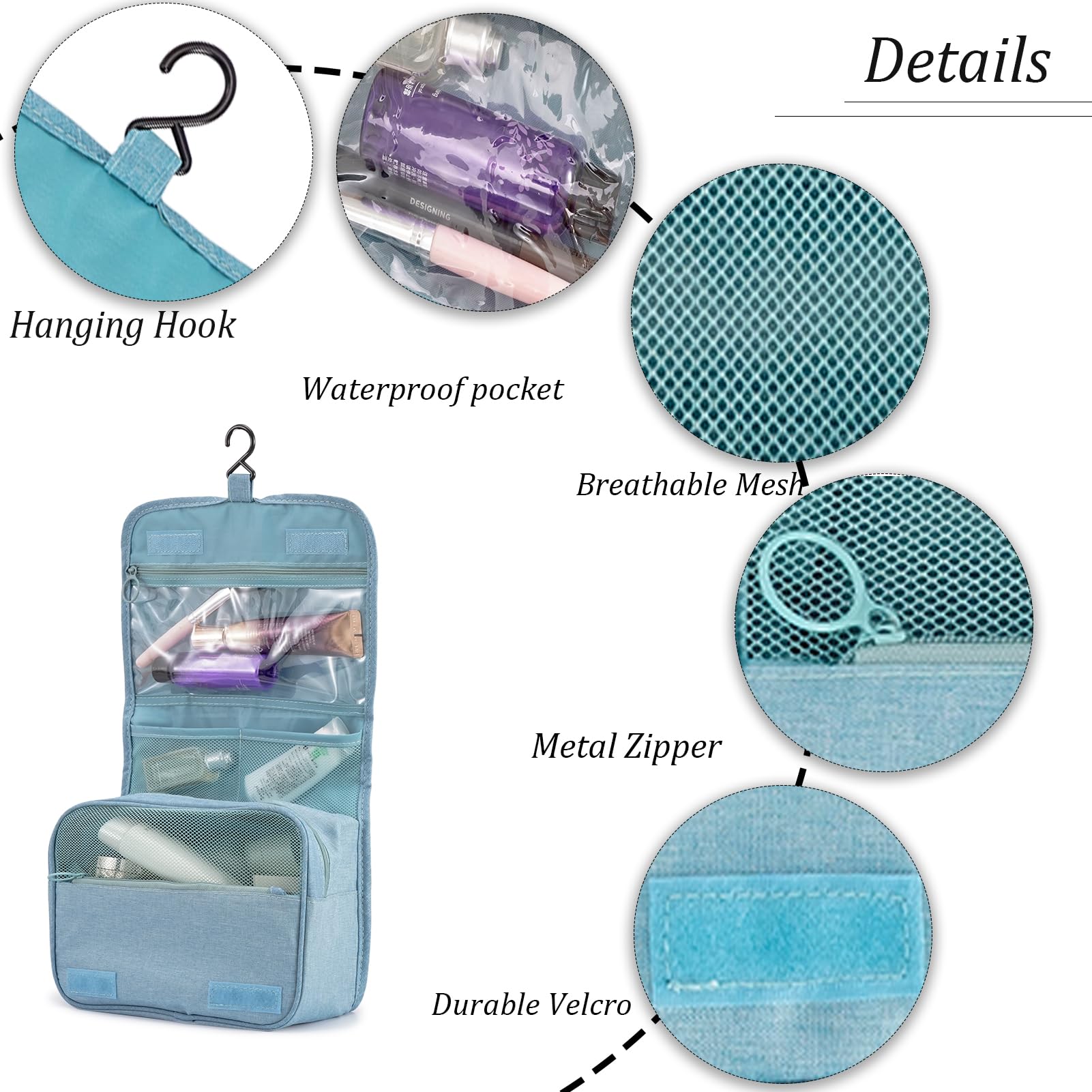 L&FY Hanging Travel Toiletry Bag Women's Cosmetic Organizer Makeup Case Pouch Men's Shaving Kits With Handle (Canvas Blue)