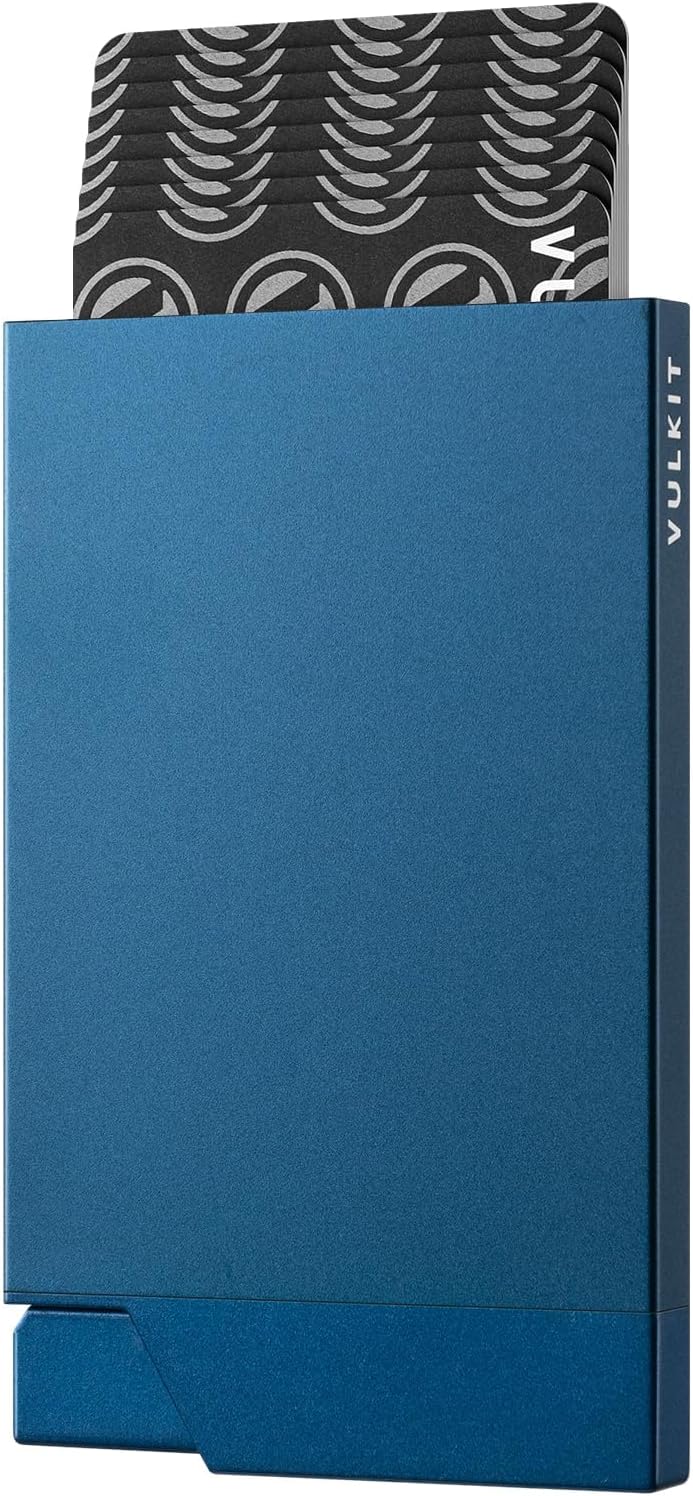 VULKIT Pop up Card Holder Minimalist Credit Card Holder RFID Blocking Slim Metal Card Case for Men or Women(Navy)