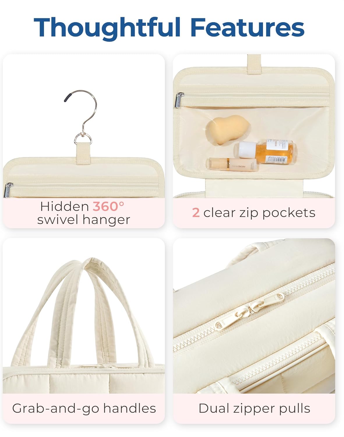 BAGSMART Travel Toiletry Bag with Jewelry Organizer, Hanging Travel Bag for Toiletries, Puffy Makeup Cosmetic Bag Organizer, Carry-on Travel Accessories Essentials, Beige-L