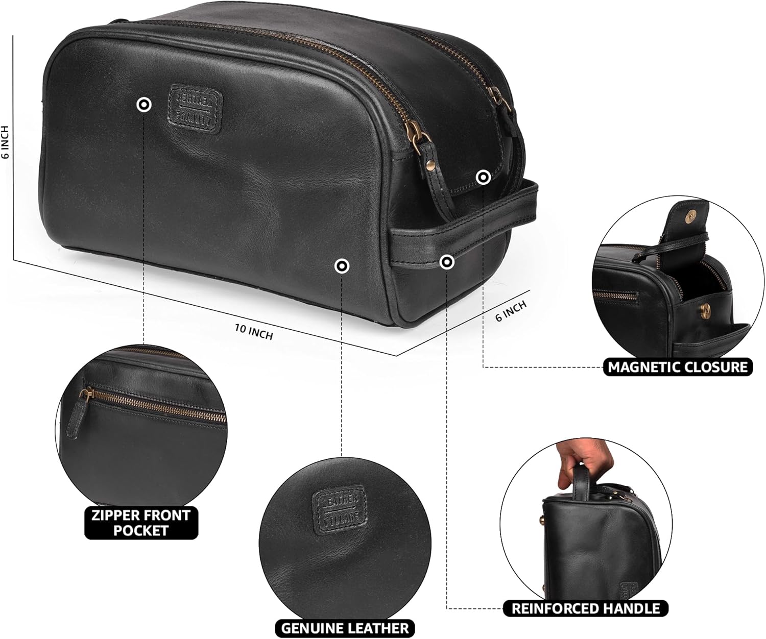 LEATHER VILLAGE Premium Leather Toiletry Travel Pouch With Waterproof Lining - Black | King-Size Handcrafted Vintage Cosmetic Organizer & Shaving Essential Bag