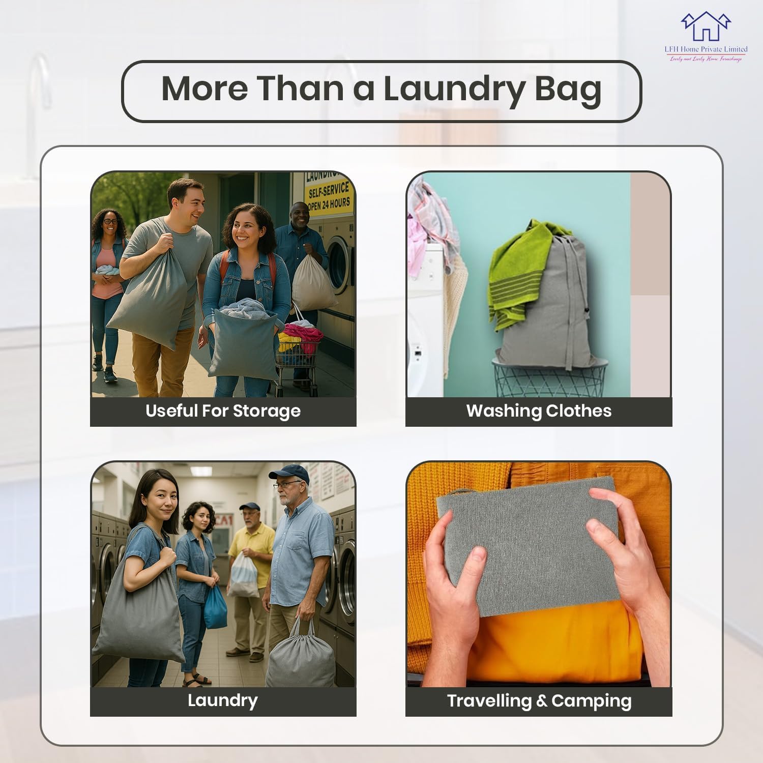 LFH Home Cotton Canvas Large Laundry Bag with Handle, Heavy Duty Drawstring Closure Washable Laundry Bags, School Travel, Home, Hotel, College Dorm, Organizer Sack, Toys Clothes 24x36 (Pack of 4)-Grey