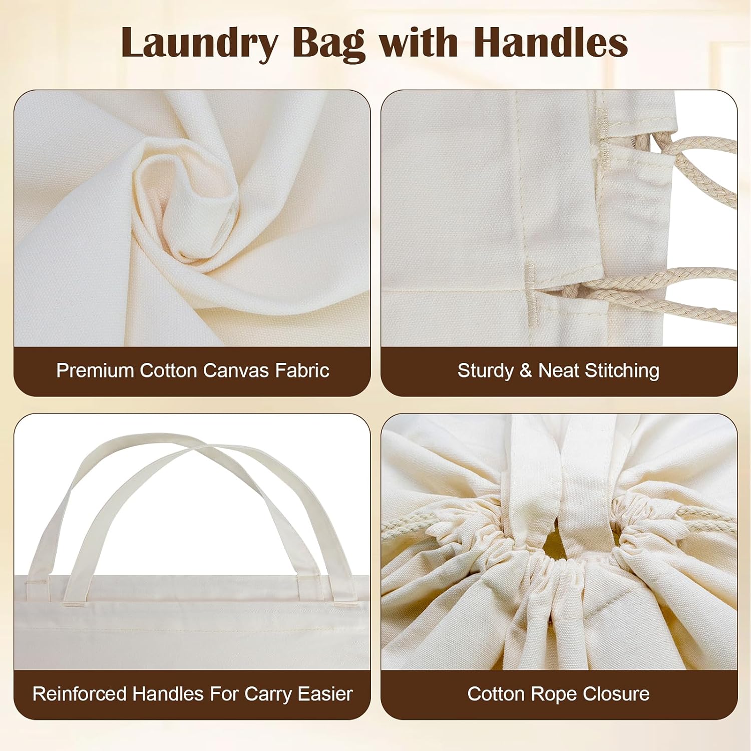 Canvas Laundry Bags with Handles & Rectangular Base, 90L Extra Large Heavy Duty Laundry Basket Hamper Liner Replacement, Washable Cotton Drawstring Dirty Clothes Bag