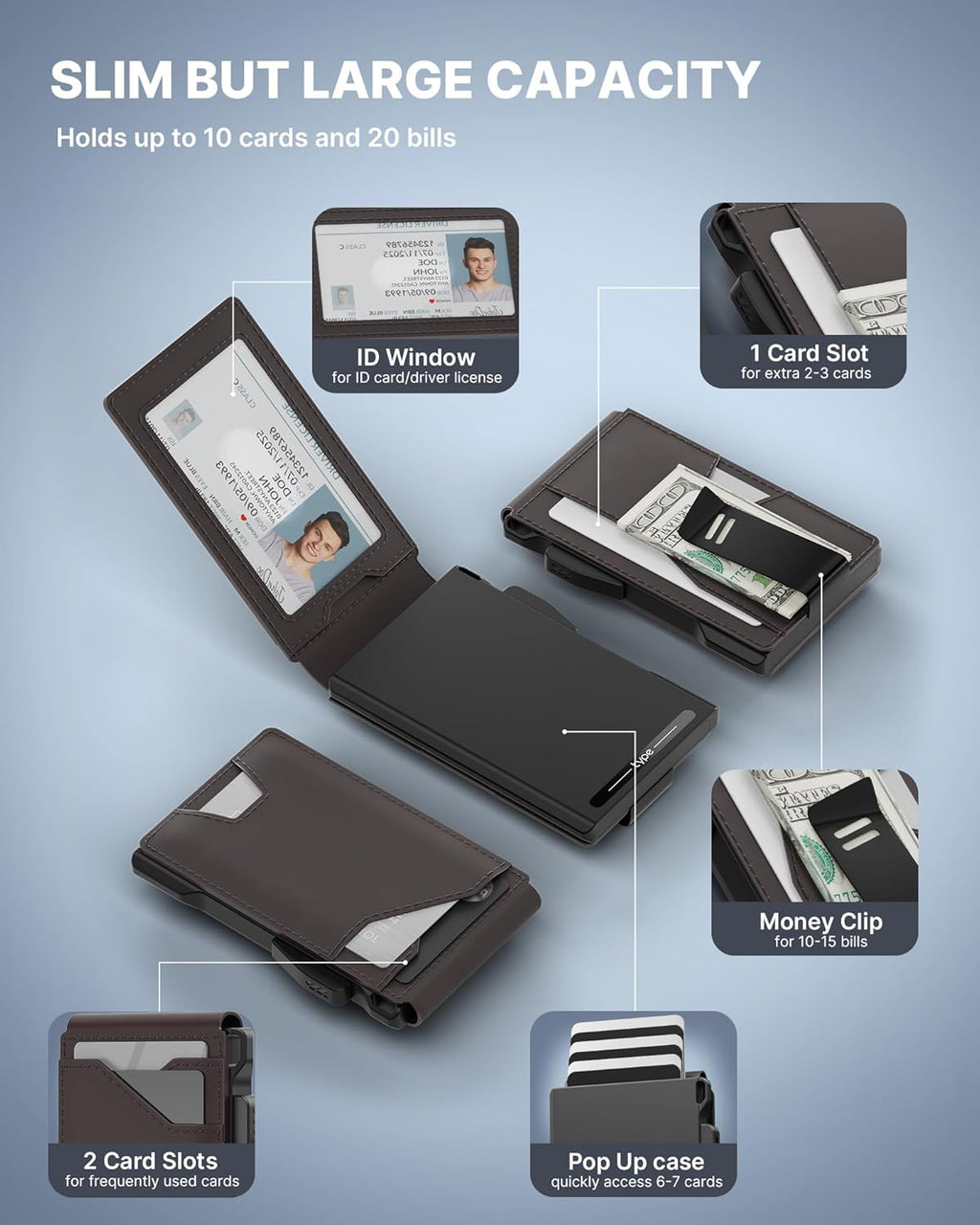 typecase Tactical Wallet for Men Card Holder: Pop Up Card Case, Genuine Leather, Smart, RFID Blocking, Slim, Minimalist, Thin, Front Pocket - 13 Card Capacitiy, ID Window, Money Clip (Dark Brown)