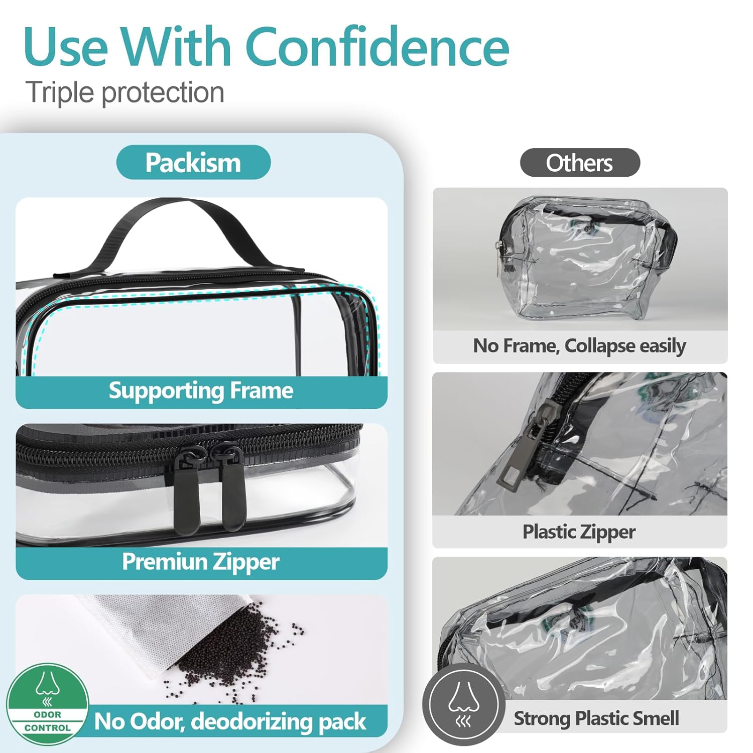 PACKISM Clear Makeup Bag - 2 Pack TSA Approved Toiletry Bag with Handle and 180° Large Opening, Clear Toiletry Bag Fit Carry-on Travel Essential, Travel Bags for Toiletries, Black