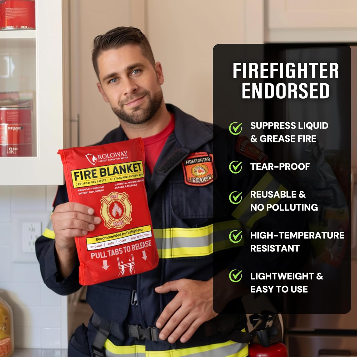 ROLOWAY Emergency Fire Blanket for Home and Kitchen, Fire Blankets Emergency for Home Safety (40 x 40 Inch) with Hooks, Gloves, Fire Suppression Blanket with Emergency Whistle for Fire Safety (2 Pack)