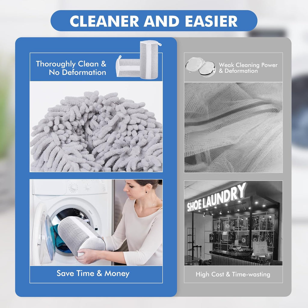 Shoe Laundry Bags for Washing Machine, 2024 New Reusable Laundry Shoe Bag for Washer and Dryer, Fluffy Fibers 360° Wrap-Around Cleaning, 2 Pairs Adjustable Shoe Trees for All Shoes, ‎Gray