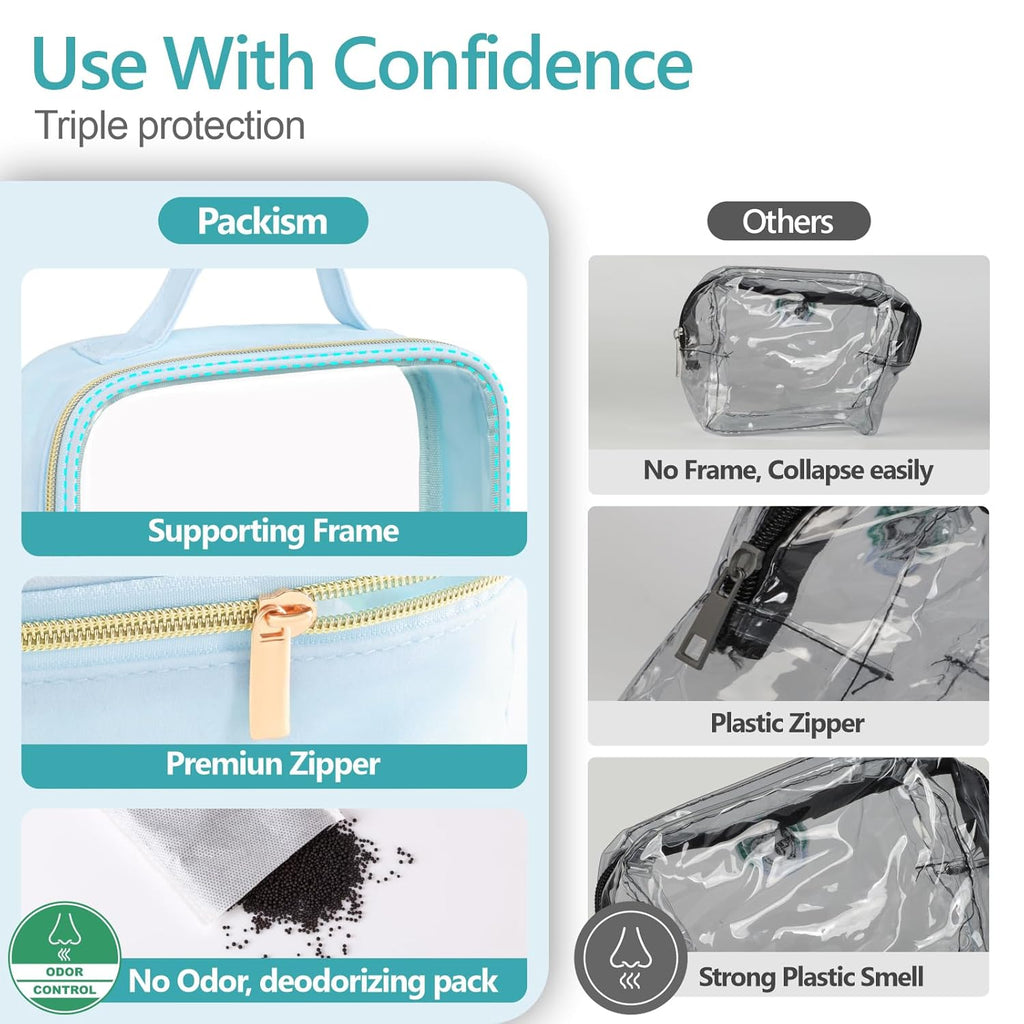 PACKISM Clear Makeup Bag - 3 Pack TSA Approved Toiletry Bag with Handle and 180° Large Opening, Sturdy Clear Toiletry Bag Fit Carry-on Travel Essential, Travel Bags for Toiletries, Ice Blue