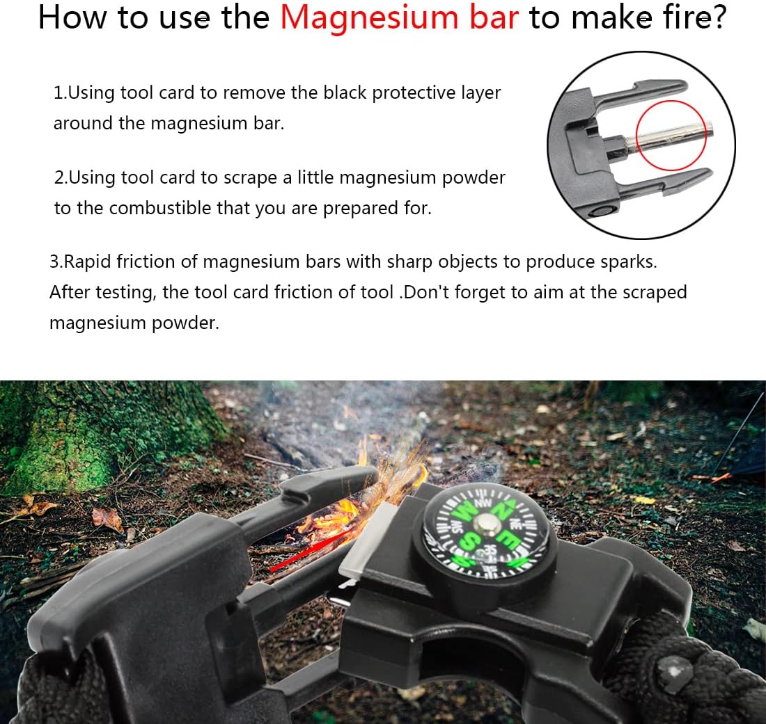 20 in 1 Survival Paracord Bracelet Adjustable Gear Kit with SOS LED Light, Fire Starter, Bigger Compass, Survival Whistle, Perfect for Camping, Hiking, Fishing