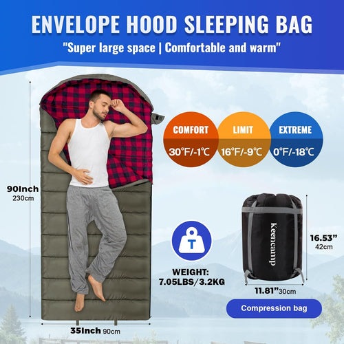 0 Degree Sleeping Bag Cotton Flannel Winter Cold Weather for Adults XXL Sleeping Bag 4 Season Big and Tall with Pillow Compression Sack