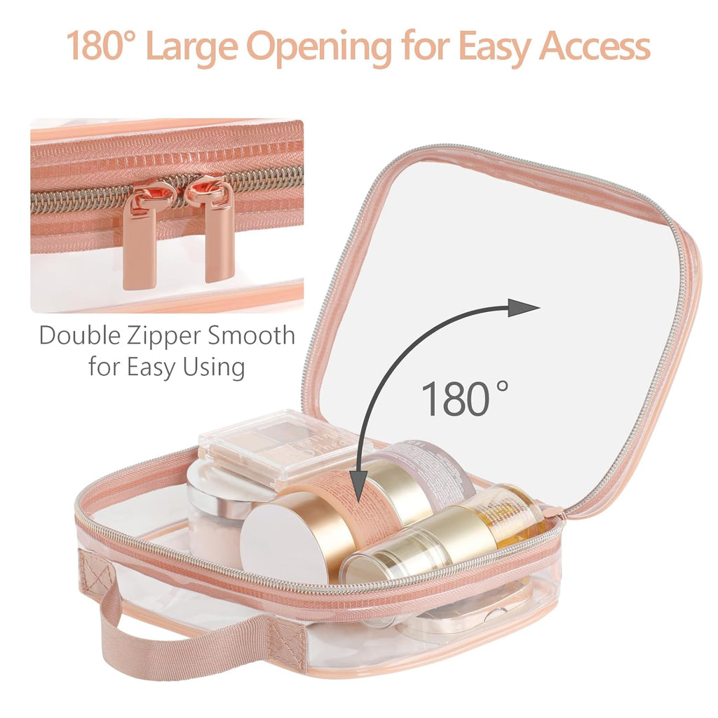 PACKISM Clear Makeup Bag - 2 Pack TSA Approved Toiletry Bag with Handle and 180° Large Opening, Clear Toiletry Bag Fit Carry-on Travel Essential, Travel Bags for Toiletries, Rose Pink