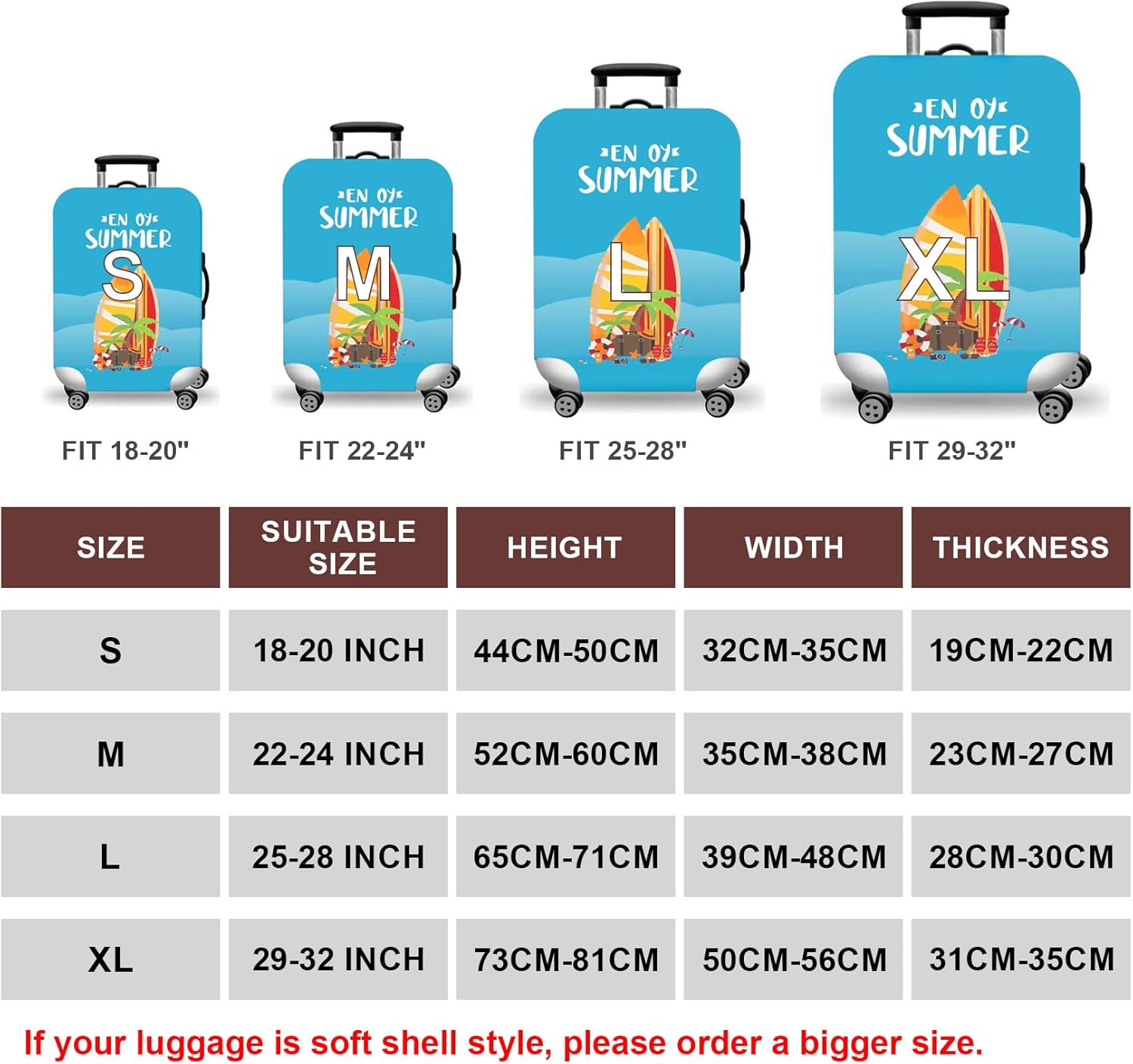 WUJIAONIAO Travel Luggage Cover Spandex Suitcase Protector Washable Baggage Covers (S (for 18-20 inch luggage), Beach surfing)